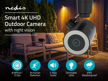 Nedis SmartLife Outdoor Camera | Wi-Fi | Spotlight | 4K / 3840x2160 | IP65 | Cloud Storage (optional) / microSD (not included) / Onvif | 5 V DC | With motion sensor | Night vision | Black