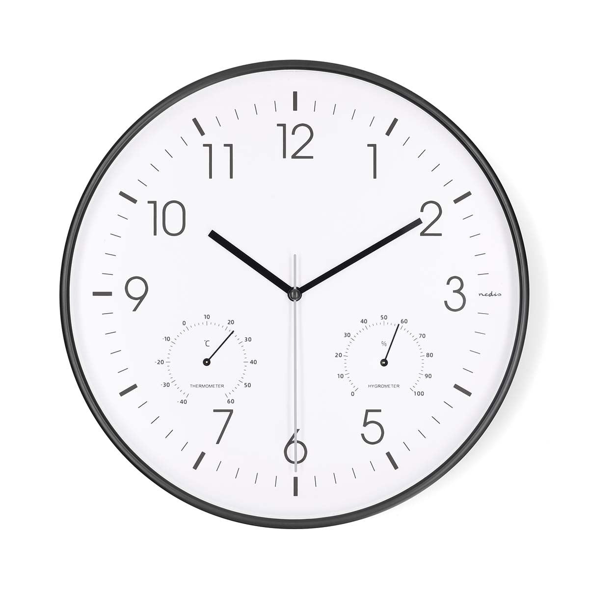 Nedis Wall Clock | Diameter: 300 mm | Plastic | Silent movement | Thermometer | Hygrometer | Black / White
