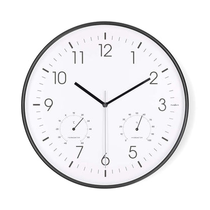 Nedis Wall Clock | Diameter: 300 mm | Plastic | Silent movement | Thermometer | Hygrometer | Black / White