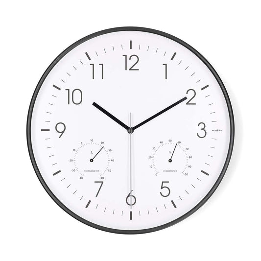Nedis Wall Clock | Diameter: 300 mm | Plastic | Silent movement | Thermometer | Hygrometer | Black / White
