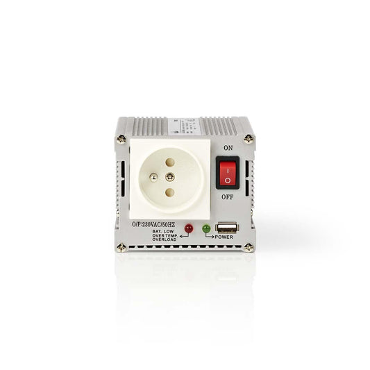 Nedis Power Inverter Modified Sine Wave | Input voltage: 12 V DC | Device power output connection(s): Type E (CEE 7/5) / USB-A | 230 V AC 50 Hz | 300 W | Peak power output: 600 W | Battery Clamps + Cigarette Lighter | Silver