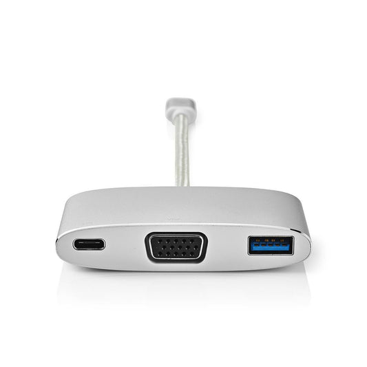 Nedis USB Multi-Port Adapter | USB 3.2 Gen 1 | USB-C™ Male | USB-A Female / USB-C™ Female / VGA Female | 5 Gbps | 0.20 m | Round | Gold Plated | Braided / Nylon | Silver | Cover Window Box