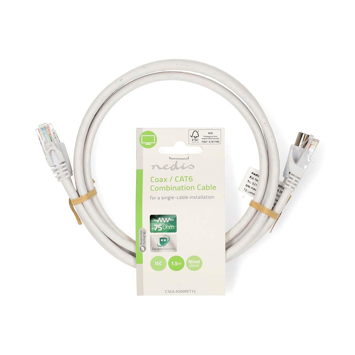 Nedis Coax Cat6 Combi Cable | IEC (Coax) Male / RJ45 Male | IEC (Coax) Female / RJ45 Male | Nickel Plated | RG58 | 75 Ohm | Double Shielded | 1.50 m | Round | PVC | White | Label