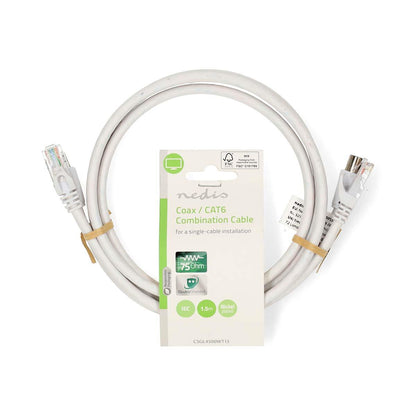 Nedis Coax Cat6 Combi Cable | IEC (Coax) Male / RJ45 Male | IEC (Coax) Female / RJ45 Male | Nickel Plated | RG58 | 75 Ohm | Double Shielded | 1.50 m | Round | PVC | White | Label