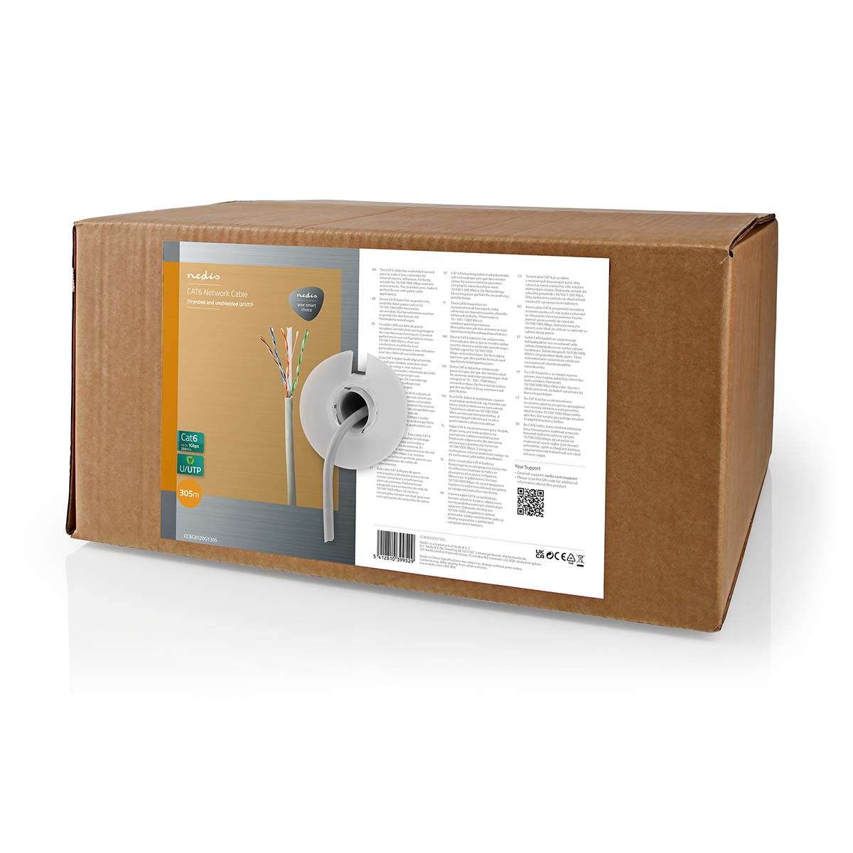 Nedis CCBG8520GY305 | Network Cable Roll | CAT6 | Stranded | U/UTP | CCA | 305.0 m | Indoor | Round | PVC | Grey | Pull Box