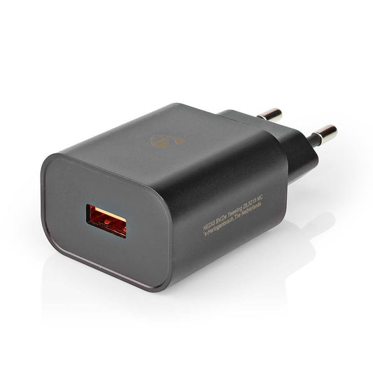 Nedis Wall Charger | 18 W | Quick charge feature | 1.5 / 2.0 / 3.0 A | Number of outputs: 1 | USB-A | No Cable Included | Automatic Voltage Selection | Black