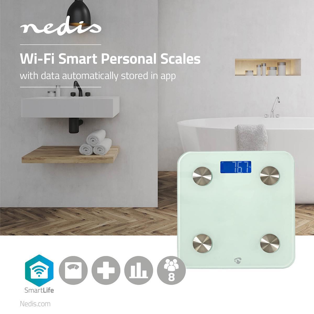 Nedis SmartLife Personal Scale | Wi-Fi | BMR / Bones / Fat / Muscles / Water / Weight | 8 | Peak load: 180 kg | Android™ / IOS | Glass | White
