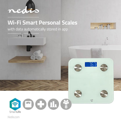 Nedis SmartLife Personal Scale | Wi-Fi | BMR / Bones / Fat / Muscles / Water / Weight | 8 | Peak load: 180 kg | Android™ / IOS | Glass | White