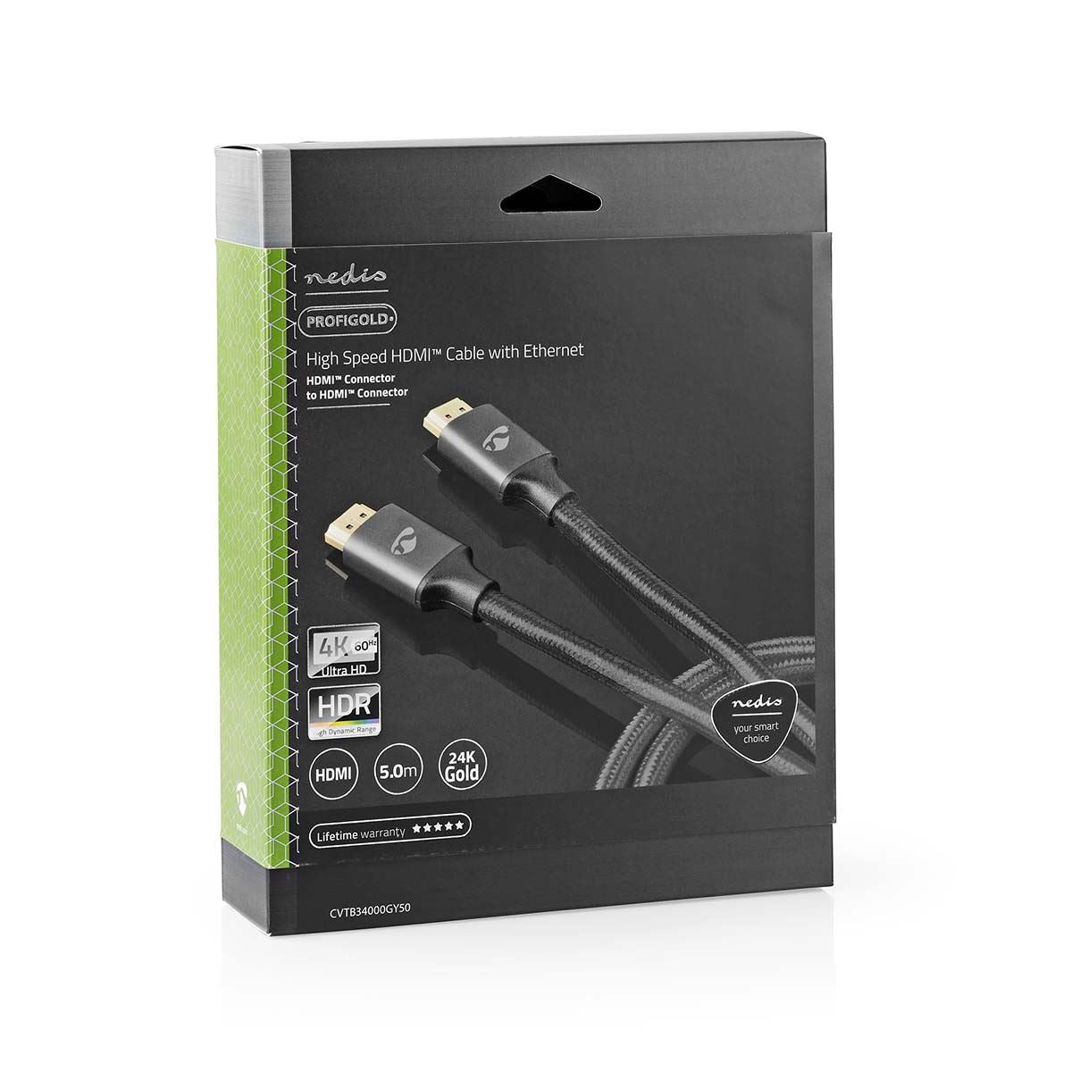 Nedis High Speed HDMI™ Cable with Ethernet | HDMI™ Connector | HDMI™ Connector | 4K@60Hz | ARC | 18 Gbps | 5.00 m | Round | Cotton | Grey / Gun Metal Grey | Cover Window Box