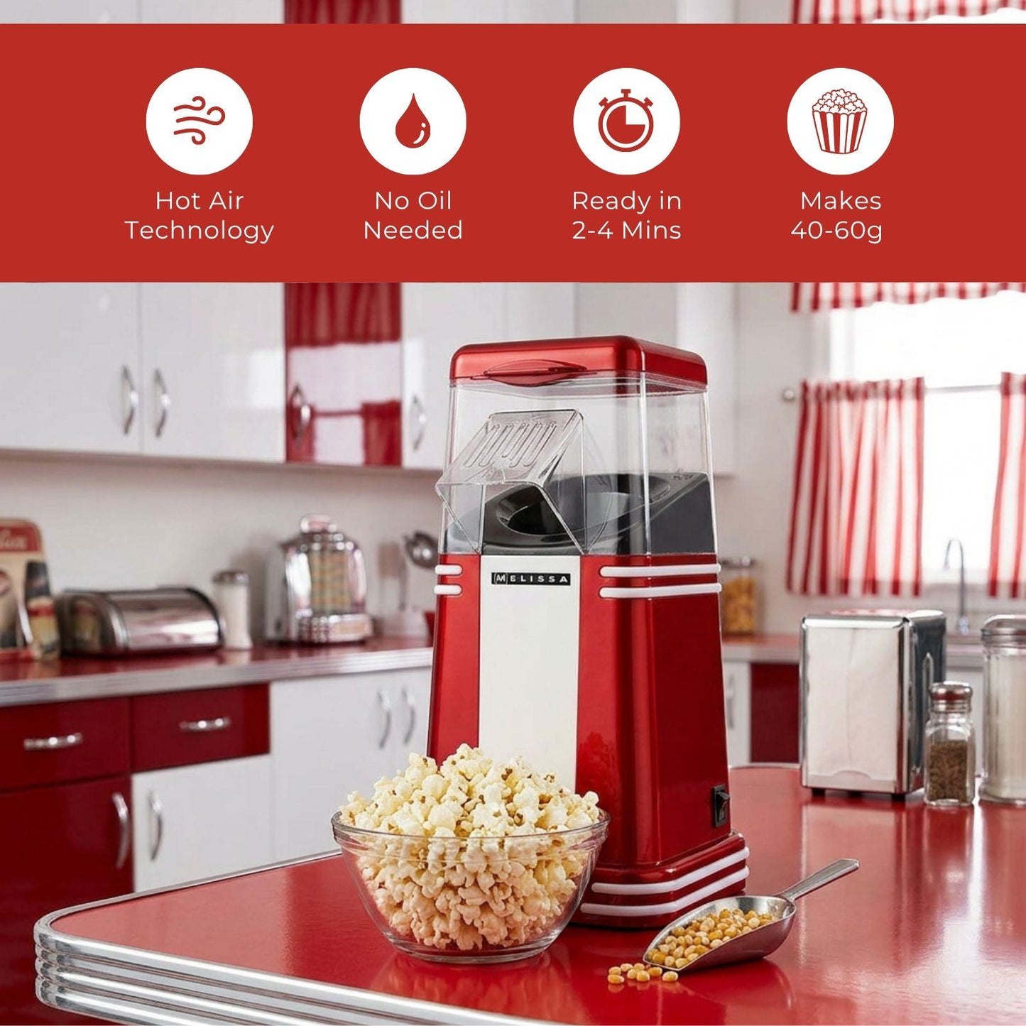 MELISSA Popcorn Maker | 60 g | 1200 W | 2–4 min | Hot Air | Red/White
