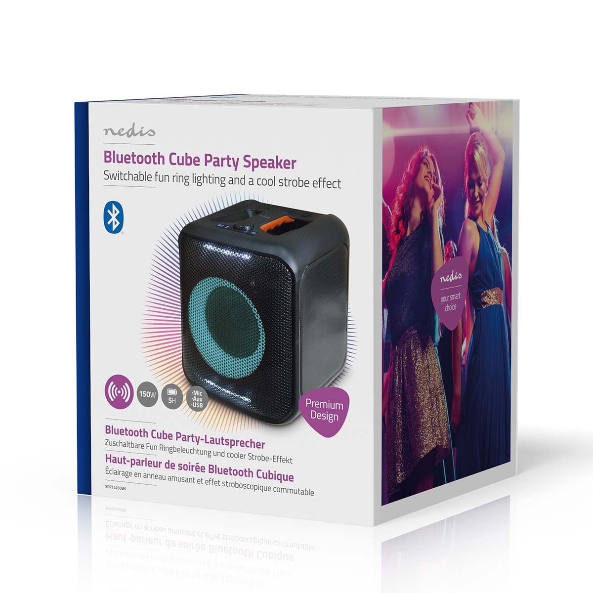Nedis Bluetooth® Party Speaker | Maximum battery play time: 5 hrs | 150 W | Carrying handle | Party lights | Linkable | Equalizer | Black / Orange