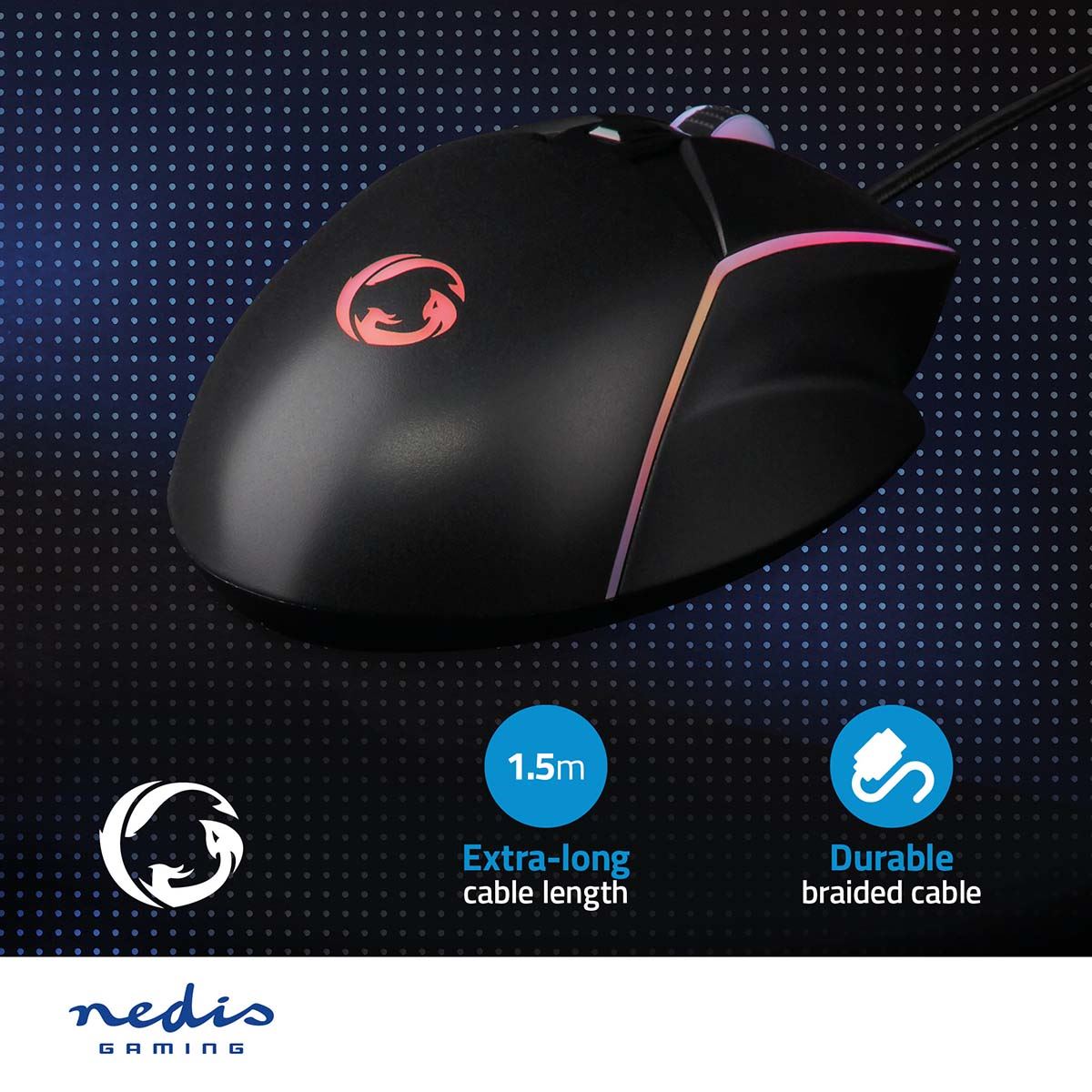 Nedis Gaming Mouse | Wired | 800 / 1200 / 2400 / 3200 / 4800 / 7200 dpi | Adjustable DPI | Number of buttons: 6 | Right-Handed | 1.50 m | LED