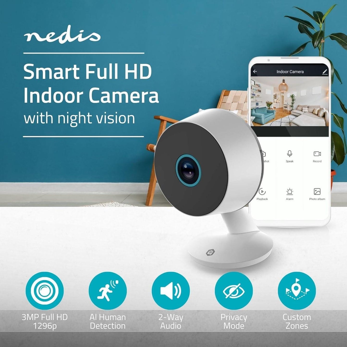 Nedis SmartLife Indoor Camera | Wi-Fi | 3MP Full HD 1296p | Cloud Storage (optional) / microSD (not included) / Onvif | With motion sensor | Night vision | White