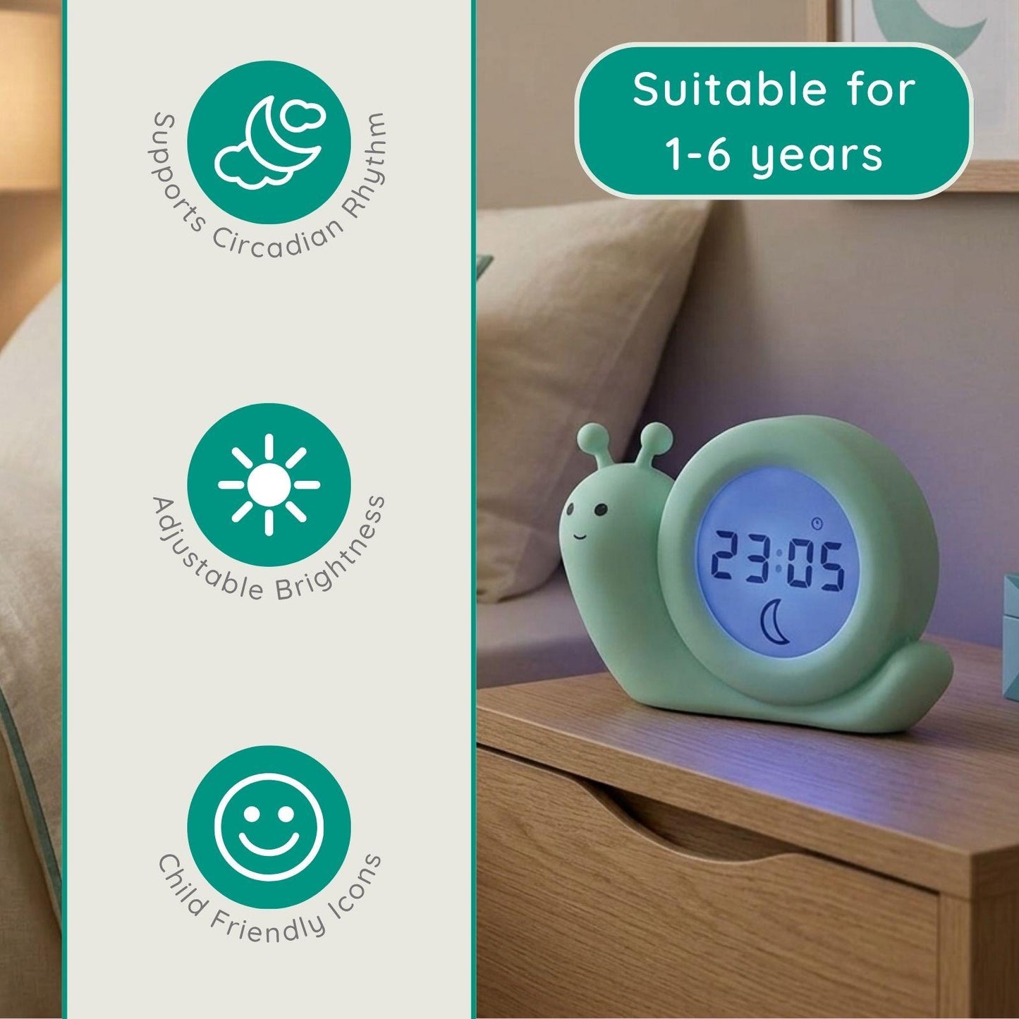 Alecto BC110GN SIMON | Sleep Trainer & Night Lamp Light / Alarm Clock - Green