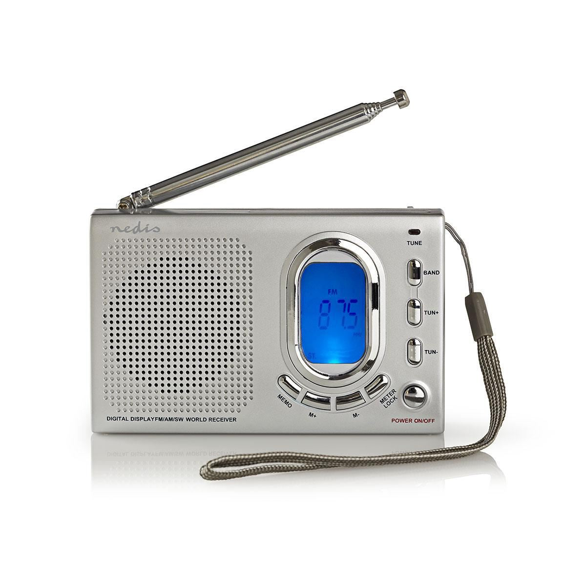 Nedis World Receiver Radio | Portable Design | AM / FM / SW | Battery Powered / Mains Powered | Digital | 1.5 W | Headphone output | Alarm clock | Sleep timer | Grey